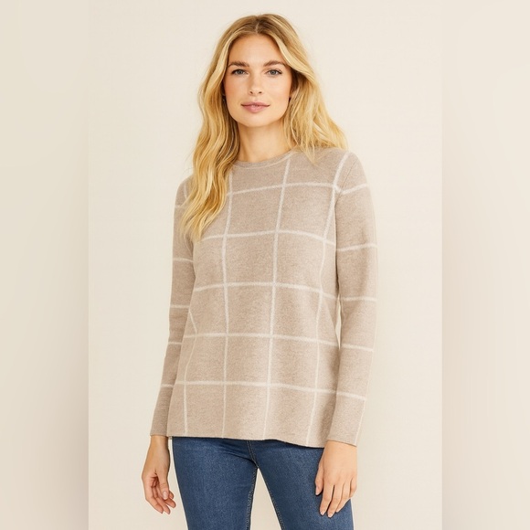 Loft Mock Neck Windowpane Check Split Hem Sweater Tan white sz Medium - Picture 1 of 5